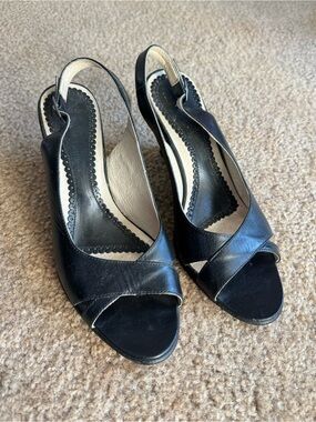 Franco Cerbello Black Wedge Slingback Sandals Y2K 90s Peep Toe Heel 7